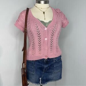 Vintage Pink Crochet Knit Cardigan Top Open Knit Coquette Y2K Cottagecore